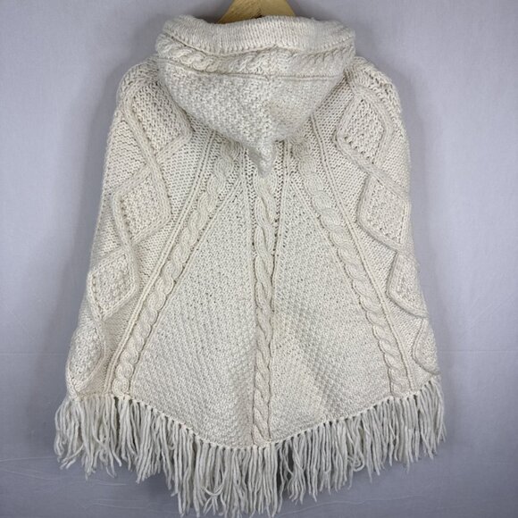 Pachaman 100% Wool Hooded Poncho Cable Knit Fringe Cape Ecuador - Picture 5 of 5